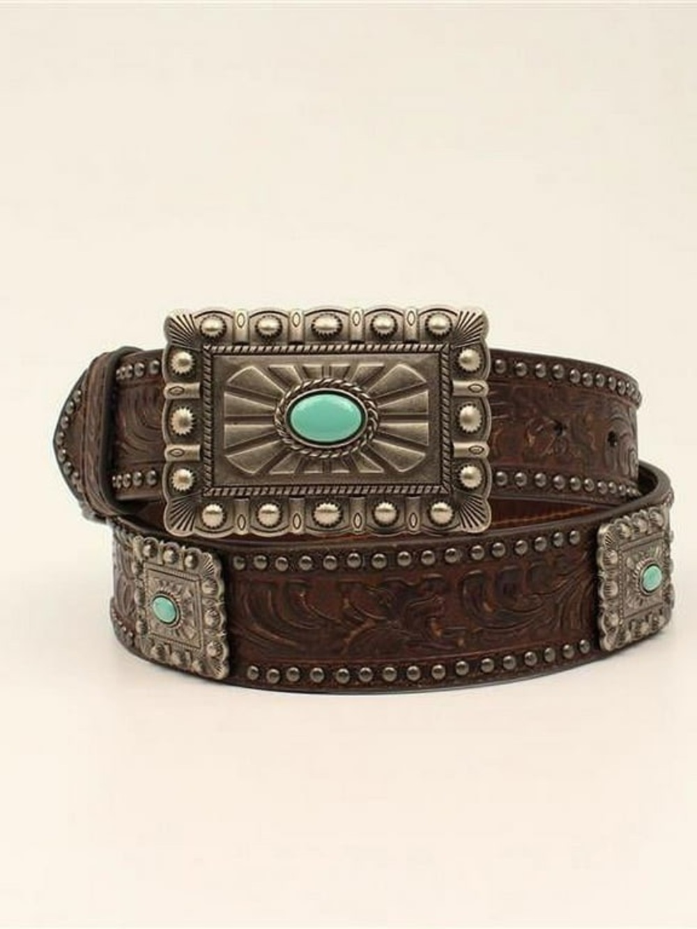Ariat Brown Tooled Leather Belt with Turquoise Conchos